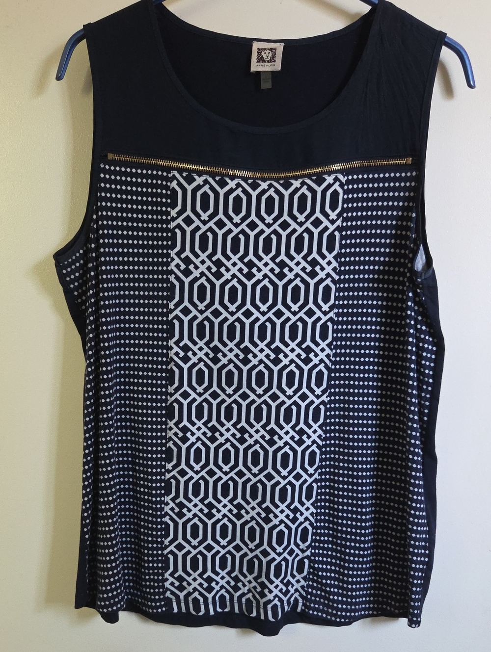 Anne Klein Navy Geometric Front Zipper Tank Top L